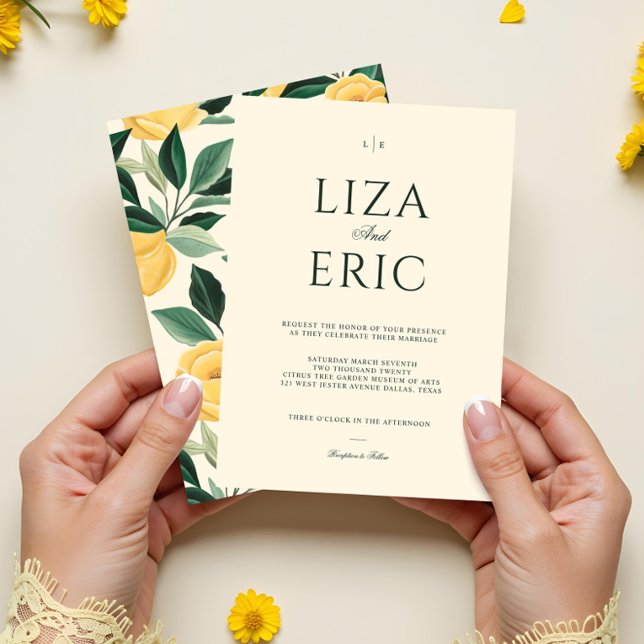 Lemon Blommar Blommigt Träd Elegant Gult Bröllop Inbjudningar (Lemon Blossom Floral Tree Elegant Yellow Wedding Invitation)