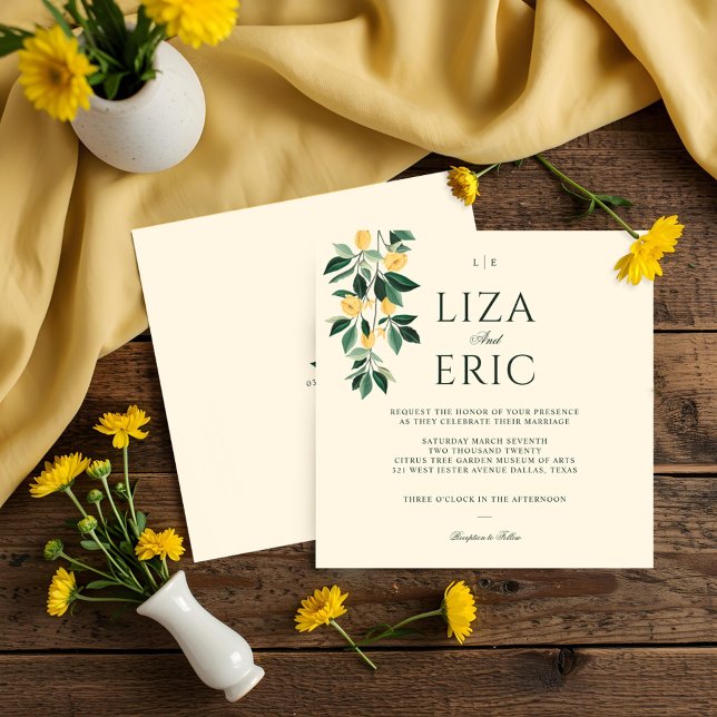 Lemon Blommar Blommigt Träd Elegant Gult Bröllop Inbjudningar (Lemon Blossom Floral Tree Elegant Yellow Wedding Invitation)