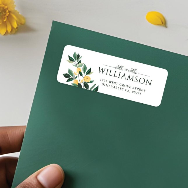 Lemon Blommar Blommigt Träd Elegant  Minimal Bröll Returadress Etikett (Lemon Blossom Floral Tree Elegant Minimal Wedding Label)
