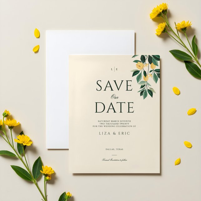Lemon Blommar Blommigt Träd Elegant  Minimal Bröll Spara Datumet (Lemon Blossom Floral Tree Elegant Minimal Wedding Save The Date)