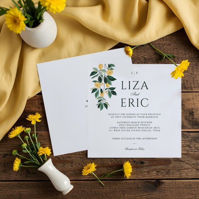 Lemon Blommar Blommigt Träd Elegant White Bröllop Inbjudningar (Lemon Blossom Floral Tree Elegant White Wedding Invitation)