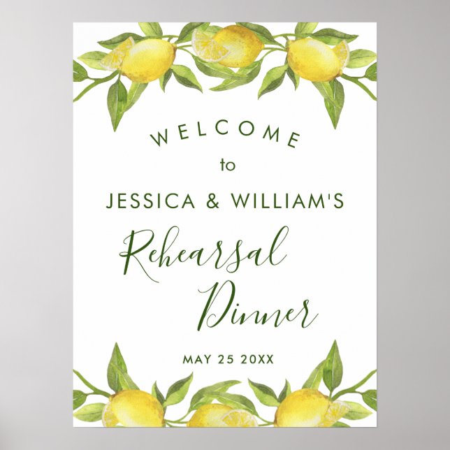 Lemon Blommar Greenery Rehearsal Dinner Sign Poster (Framsidan)