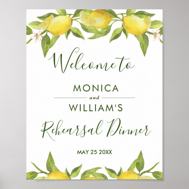 Lemon Blommar Greenery Rehearsal Dinner Sign Poster (Framsidan)
