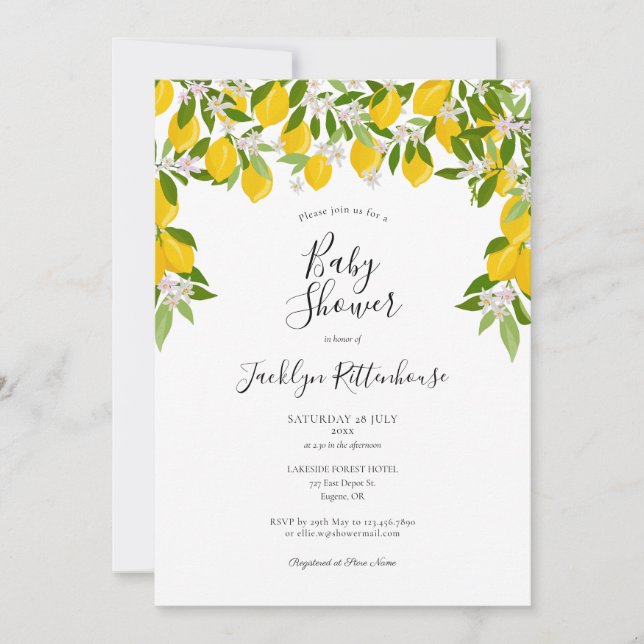 Lemon Blommar Greenery Watercolor Baby Shower Inbjudningar (Framsida)