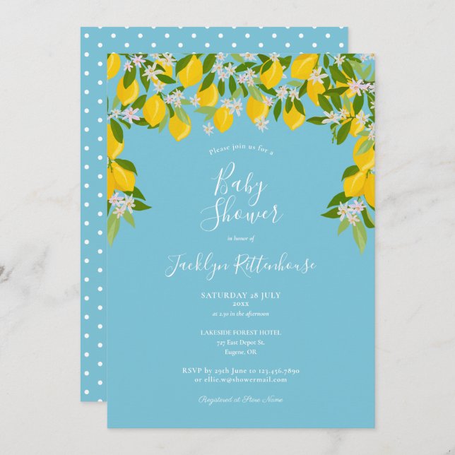 Lemon Blommar Greenery Watercolor Baby Shower Inbjudningar (Fram/baksida)