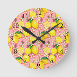 Lemon Blommar Rosa Clock Rund Klocka