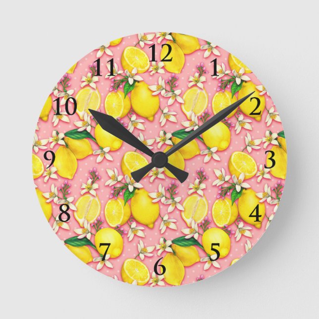 Lemon Blommar Rosa Clock Rund Klocka (Framsida)