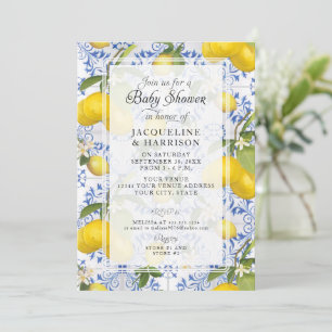 Lemon Blommigt Citrus Foliage Blue White Baby Show Inbjudningar