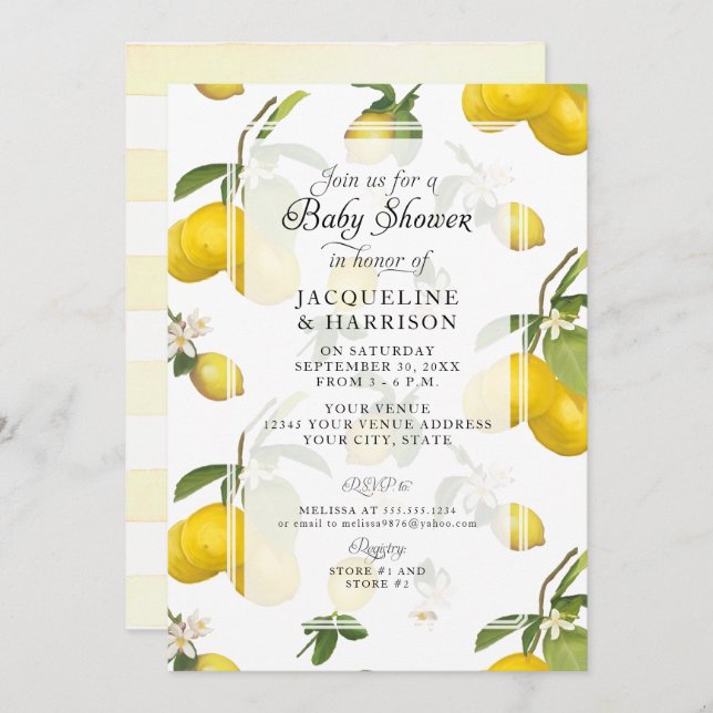 Lemon Blommigt Citrus Foliage Greenery Baby Shower Inbjudningar (Fram/baksida)
