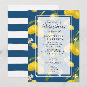 Lemon Blommigt Citrus Greenery Blue Pojke Shower Inbjudningar