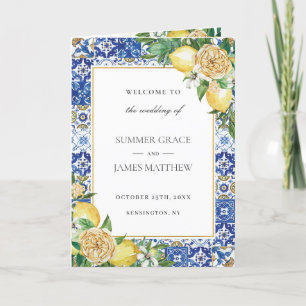 Lemon Blommigt Greenery Azure Mosaic Tiles Bröllop Program