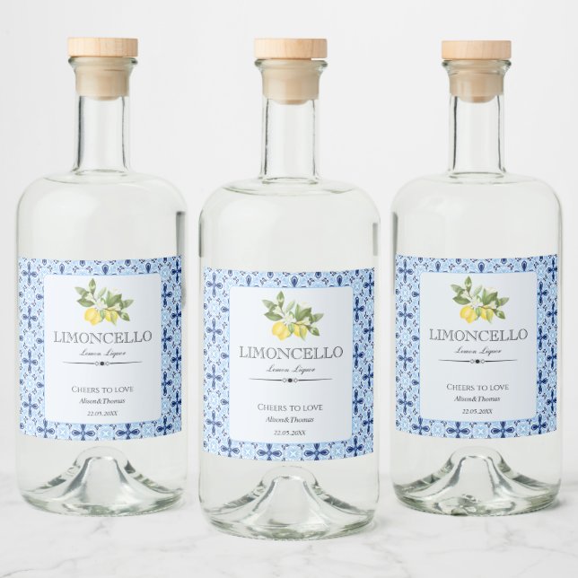 Lemon Blommigt Limoncello Bröllop Blue Tile italie Spritflaskor Etikett (Flaskor)