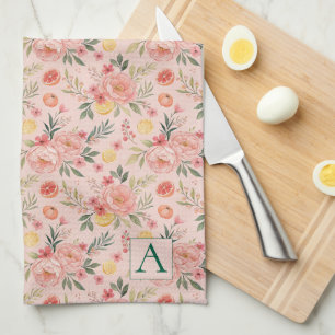 Lemon Blommigt rosa Peony rustic Mönster monogram Kökshandduk