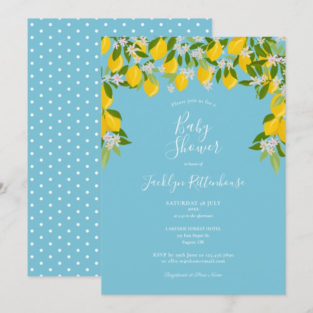 Lemon Blossom Grönska Watercolour Baby Shower Inbjudningar (Fram/baksida)