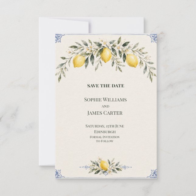 Lemon Blue Botanisk Bröllop Spara Datumet (Framsida)