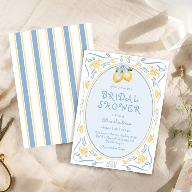 Lemon Blue Bow Whimsical Inbjudningskort för möhip (Skapare uppladdad)