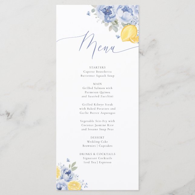 Lemon Blue Floral Bridal Shower Menu Card Meny (Framsida)