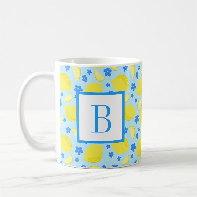 Lemon Blue Flower Monogram Initial Personlig Kaffemugg (Vänster)