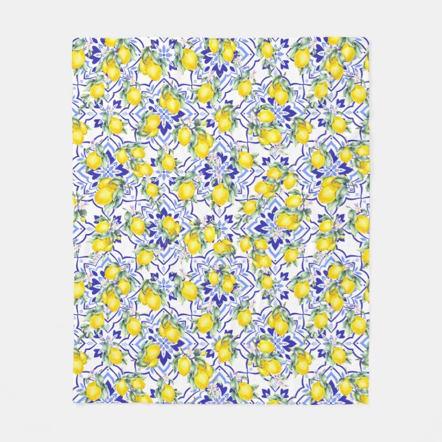 Lemon Blue Fransk Landstil Vattenfärg Flisa  Fleecefilt (Framsidan)