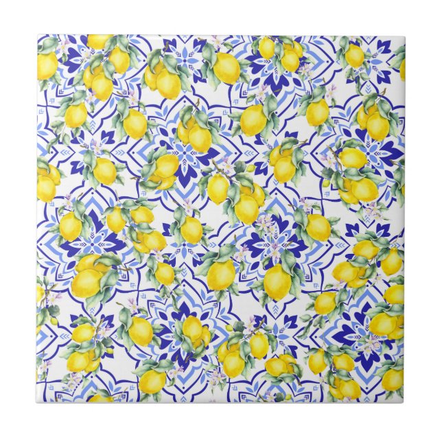 Lemon Blue Fransk Landstil Vattenfärg Kakelplatta (Framsidan)