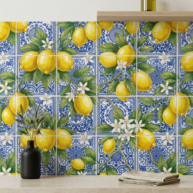 Lemon Blue Fransk Landstil Vattenfärg Kakelplatta (Skapare uppladdad)