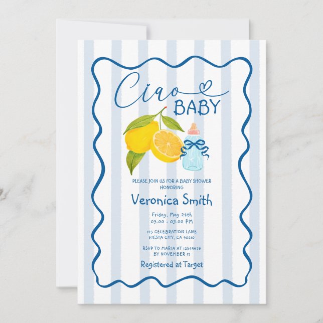 Lemon Blue Italien Ciao Baby Shower Inbjudan (Framsida)