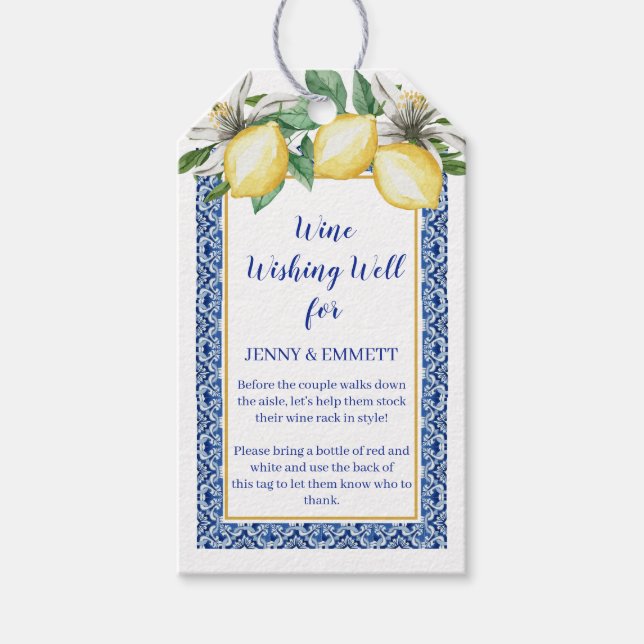 Lemon Blue Kakel Vinvälkomst Bröllopsdusch Presentetikett (Framsidan)