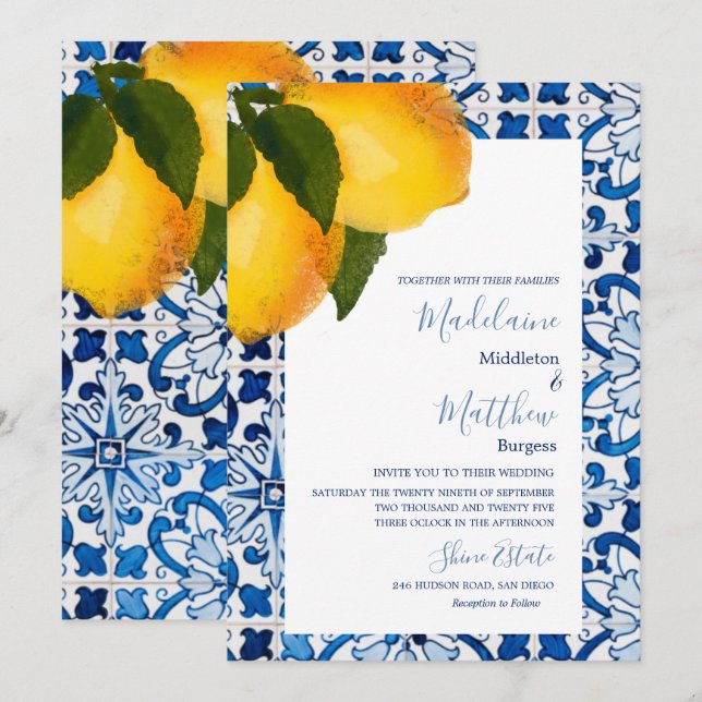 Lemon Blue Medelhavet Tile Chic Stilfull Bröllop Inbjudningar (Fram/baksida)