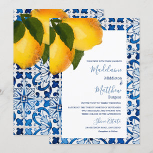 Lemon Blue Medelhavet Tile Chic Stilfull Bröllop Inbjudningar