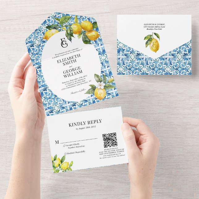 Lemon Blue Mediterranean Monogram Qr Code Bröllop (Skapare uppladdad)