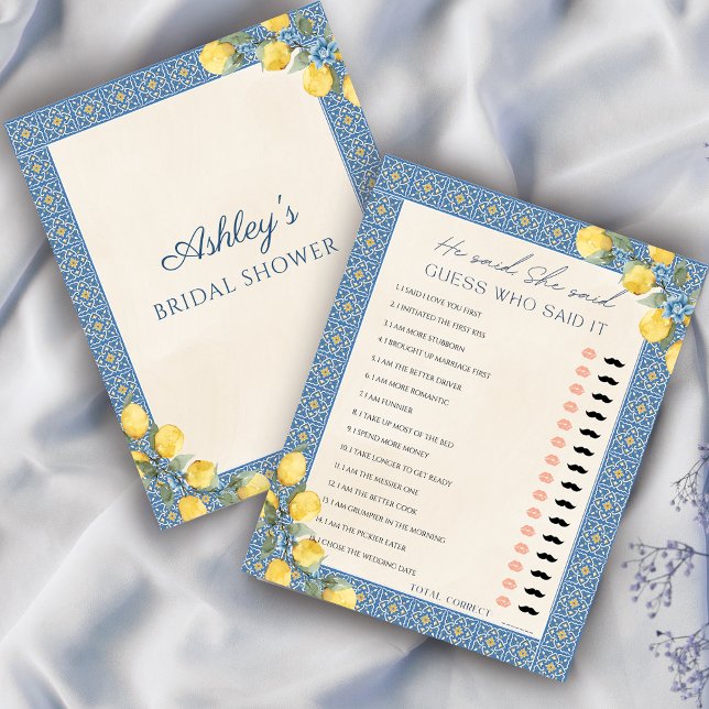 Lemon Blue sa att hon sa Möhippa Game (That's Amore Lemon Italian Bridal Shower He Said She Said Game)