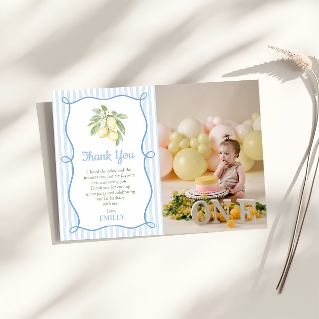 Lemon Blue Stripes Birthday Flat Thank You Card Tack Kort (Skapare uppladdad)