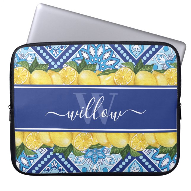 Lemon Blue Tile Backsplash Monogram Laptop Fodral (Framsidan)