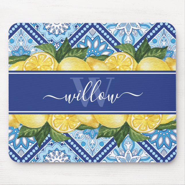 Lemon Blue Tile Backsplash Monogram Musmatta (Framsidan)