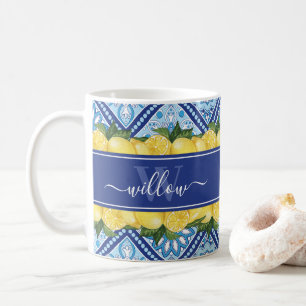 Lemon Blue Tile Backsplash Namn Monogram Kaffemugg