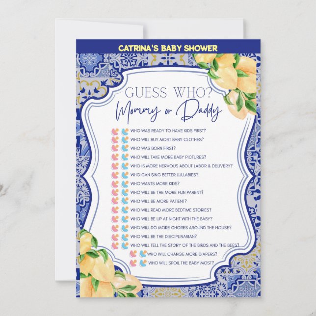 Lemon Blue Tiles Baby Shower - redigerbart Namn, 5 Inbjudningar (Framsida)