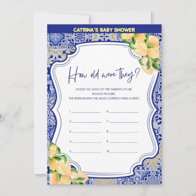Lemon Blue Tiles Baby Shower - redigerbart Namn, 5 Inbjudningar (Framsida)