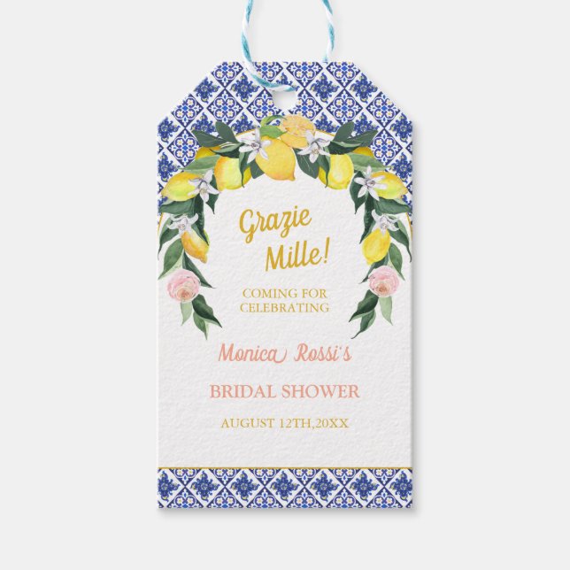 Lemon Blue Tiles Grazie Mille-Möhippa-förmån Presentetikett (Framsidan)