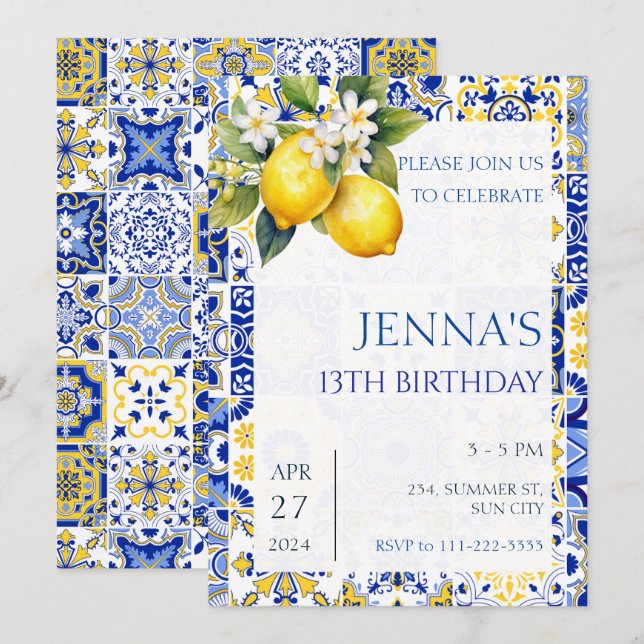 Lemon Blue Tiles (Italien) Inbjudningar (Fram/baksida)