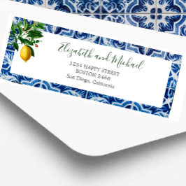Lemon Blue White Tile Elegant Modern Chic Bröllop Returadress Etikett