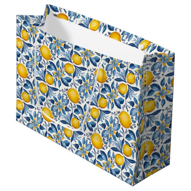 Lemon Botanisk Blå och Gul Sommartryck (Framsidan Vinklad)