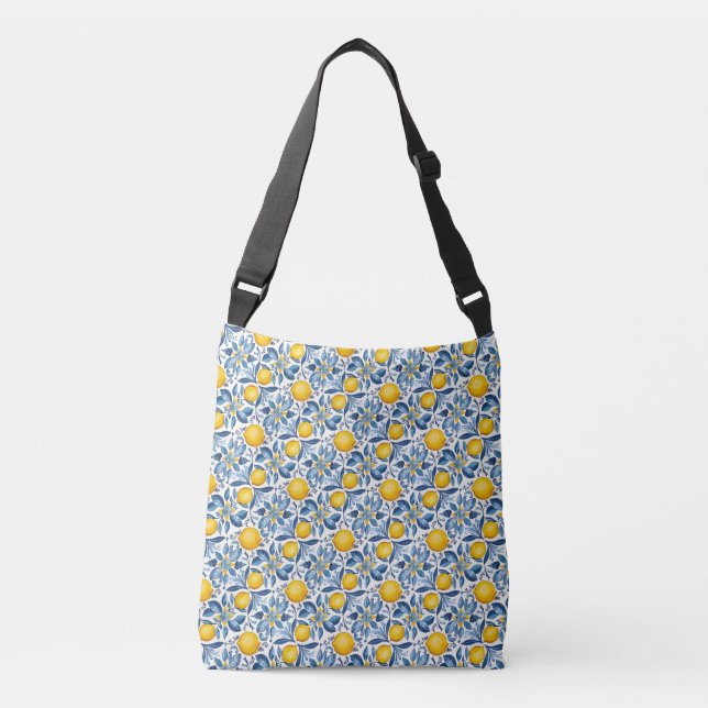 Lemon Botanisk Blå och Gul Sommartryck Axelväska (Framsida)