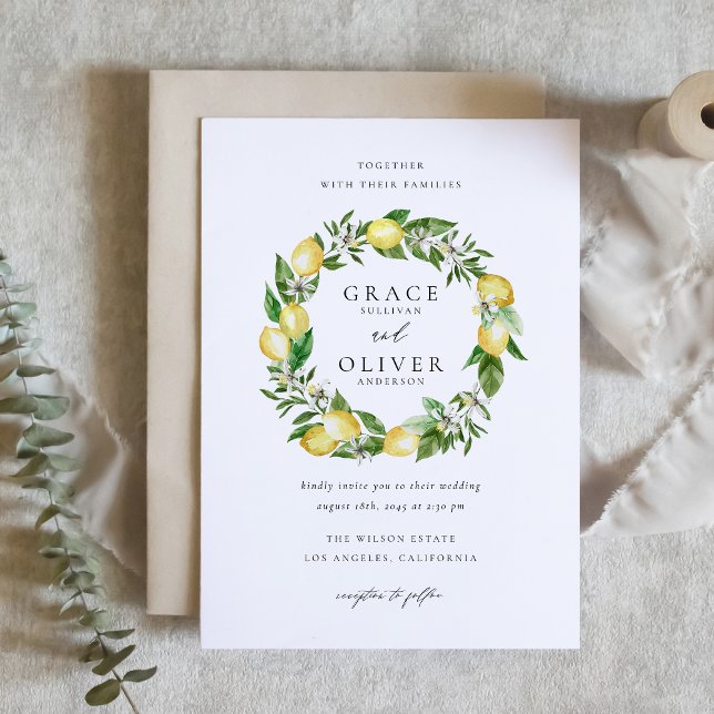 Lemon Botaniskt krans med Greenery Bröllop Inbjudan Vykort (Botanical Lemon and Greenery Wreath Garden Wedding Invitation Postcard)