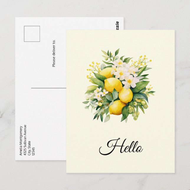 Lemon Bouquet med vit Blommar Hej Vykort (Fram/baksida)