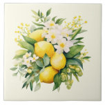 Lemon Bouquet with White Blossoms Kakelplatta<br><div class="desc">Ceramic tile with a lovely illustration of a bouquet of lemons surrounded by white blossoms leaves and sprigs.</div>