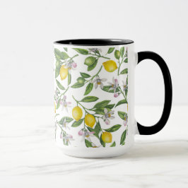 Lemon branches with blossoms and fruit on white mugg