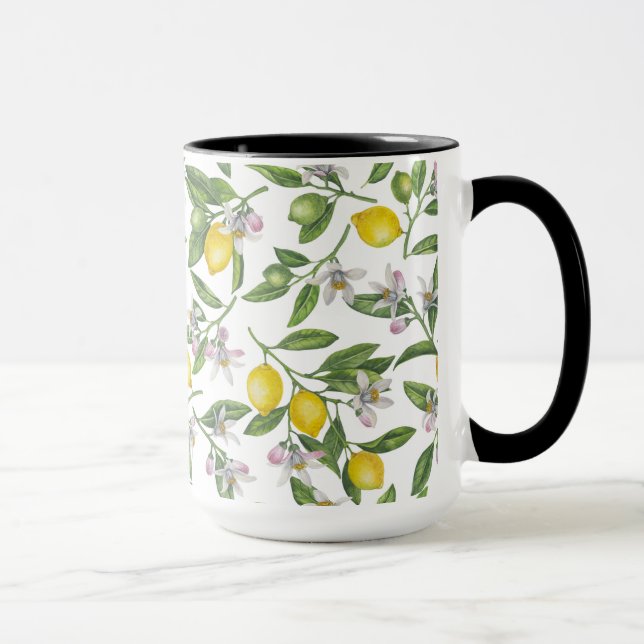 Lemon branches with blossoms and fruit on white mugg (Höger)