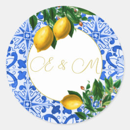 Lemon Bröllop Blue Tile Monogram, sommar Runt Klistermärke