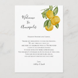Lemon Bröllop Welcome Brev, Bröllop Itinerary Tilläggskort