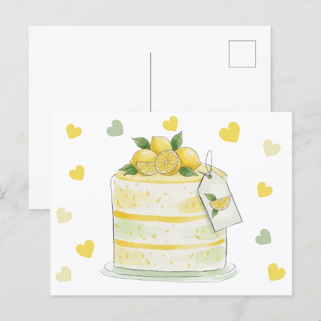 Lemon Cake Vattenfärg Vykort (Fram/baksida)